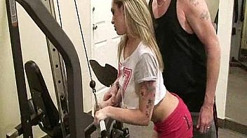 Horny gym babe Bailey Blue seduces her fitness trainor into fucking her