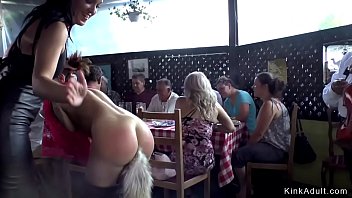 Euro brunette babe bangs in crowded public restaurant terrace