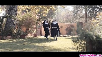 Two busty nuns rimming each other outside the church