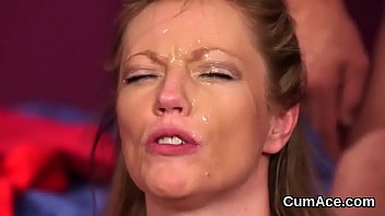 Peculiar looker gets cumshot on her face eating all the spunk