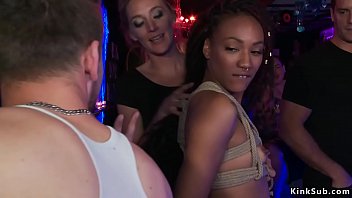 After public beach torment blonde mistress Mona Wales on leash drags ebony slut Nikki Darling in Spanish night club