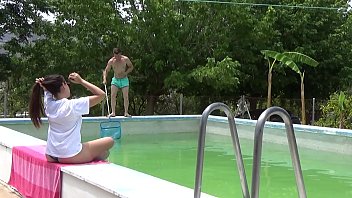 My boyfriend watches me sunbathing while the maintenance guy cleans our pool. My boyfriend pays him a fortune so in addition to cleaning the pool he shows me his ass