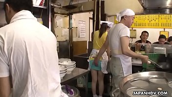 Sexy Japanese waitress Asuka gets gangbanged and creampied in public